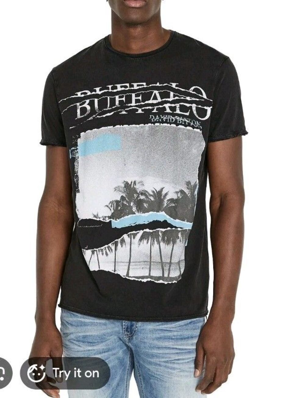 Buffalo David Bitton Graphic T Shirt XL Black Palm Tree Rolled Hem Short Sleeve